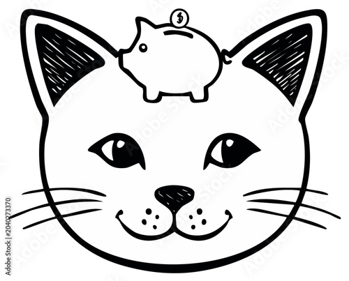 Cat Face with Piggy Bank on Head Doodle Illustration Outline Sketch Cartoon