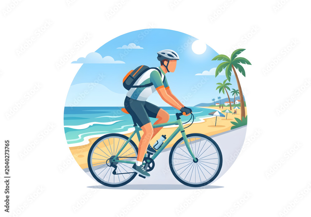 Fototapeta premium Man cycling beach blue green png on transparent background