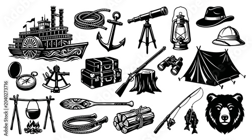 Vintage Adventure Icons: Steamboat, Telescope, Tent, Bear, Fishing, Camping