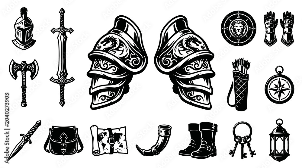 Obraz premium Medieval Fantasy Adventure Gear Weapon Icons Set. Black and White Engraving Style Vector Illustration.