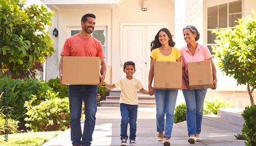 Multi-generational family carrying moving boxes, walking towards a new home, smiling happily together, representing relocation and new beginnings
