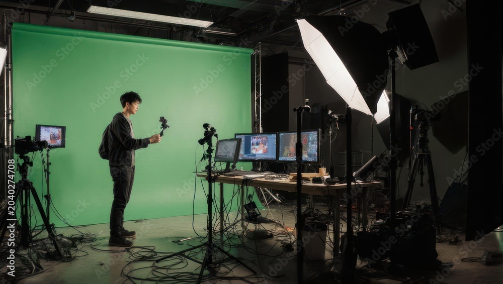Fototapeta premium Man filming with green screen in a studio setting.