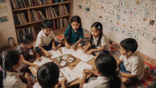 Group of young Indian students studying together in a classroom.