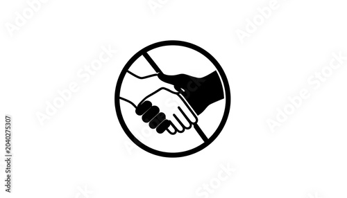 Outline of a handshake inside a circle, symbolizing agreement or deal, with one hand white and the other black, representing diversity and partnership, on a white background