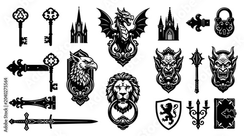 Fantasy Medieval Gothic Black and White Engraving Style Icons Set - Keys, Castles, Dragons, Lions, Devils, Swords, Shields  Ornaments