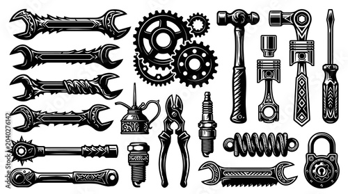 Black and White Vector Icons of Automotive Tools and Parts