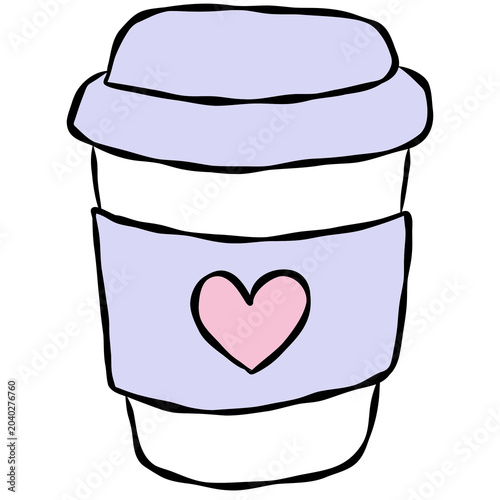 Hand-drawn coffee cup with heart symbol, cute takeaway beverage illustration