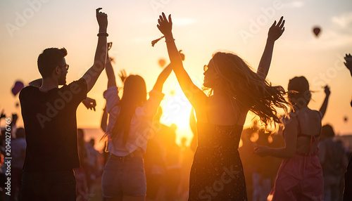 People dancing with raised hands at a music festival during sunset, backlit by the golden sun, enjoying the vibrant atmosphere, outdoor summer celebration, lively crowd