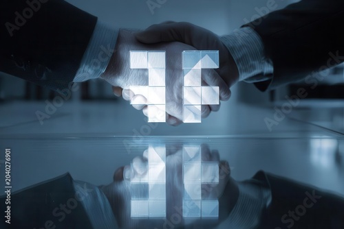 Business Handshake with Abstract Pixelated Partnership Symbol