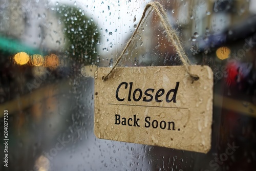 Closed Sign on Rain-Streaked Window Back Soon