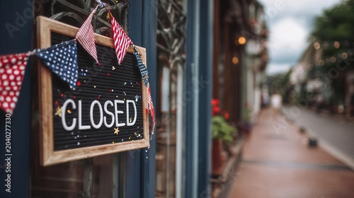 Closed Sign with Patriotic Bunting on Shopfront