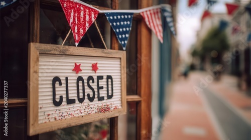 Closed Sign with Patriotic Buntings on Shopfront