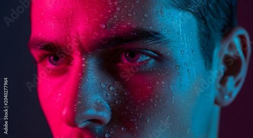 Close-up Shot of a Sweaty Man's Face Lit by Pink and Blue Neon Lights