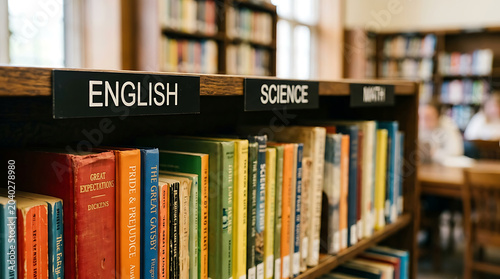 Professional library bookshelf featuring categorized labels for English Science and Math with classic literature books in an academic setting