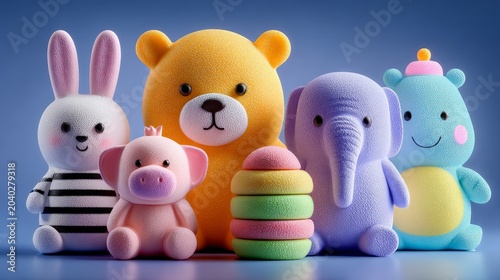 Adorable Easter plush toys — teddy bear, bunny, and blue bear — surrounded by colorful eggs on soft purple background. Perfect for holiday marketing, kids’ products, greeting cards, or festive lifesty