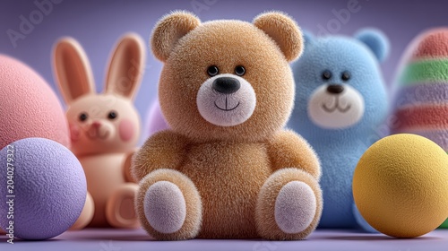 Adorable Easter plush toys — teddy bear, bunny, and blue bear — surrounded by colorful eggs on soft purple background. Perfect for holiday marketing, kids’ products, greeting cards, or festive lifesty