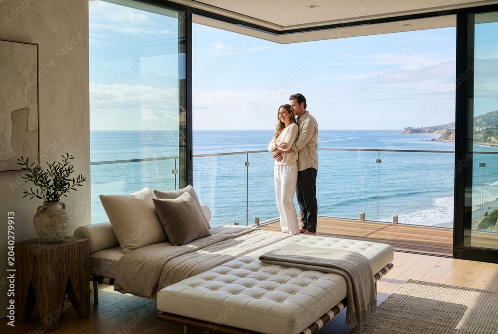Obraz premium A couple stands embracing on a balcony overlooking the ocean from a luxurious, modern room with floor-to-ceiling glass