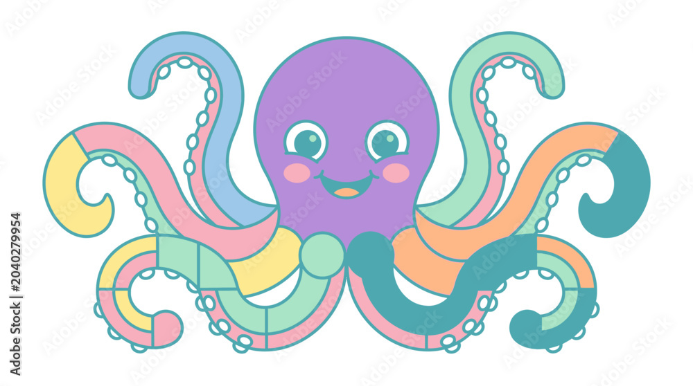 Fototapeta premium Colorful Cartoon Octopus Character Smiling.