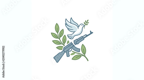 Photos Broken Gun and Dove with Olive Branch, Symbol of Peace and Disarmament