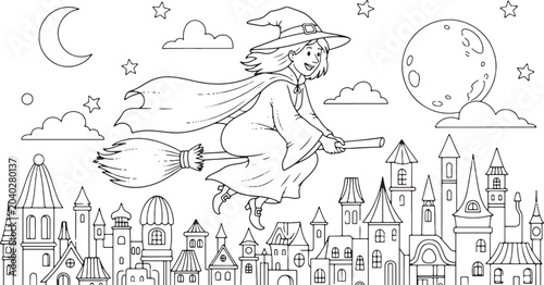 Young witch flying on a broomstick over a fantasy town, black and white line art coloring page