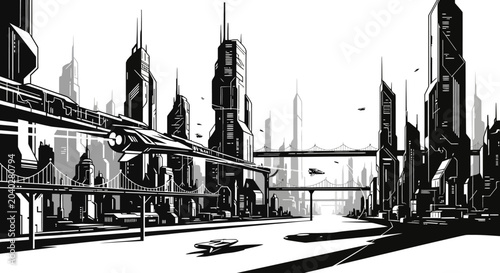 Futuristic cityscape illustration with buildings and transportation elements