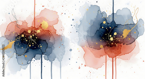 Abstract Watercolor Alcohol Ink Background with Elegant Blue and Coral Splashes Luxury Gold Glitter Accents and Fluid Paint Drip Texture for Modern Art Design