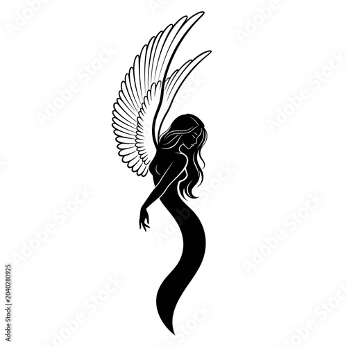 Foto Silhouette of an Angel with Flowing Hair and White Wings