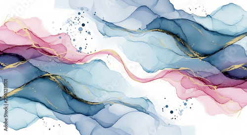 Elegant Abstract Alcohol Ink Background with Gold Foil Veins in Navy Blue and Pink Flowing Waves Artistic Watercolor Texture for Creative Modern Banner and Wall Art