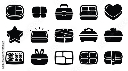 Quadro su tela Collection of diverse bento box icons in a simple black and white silhouette style