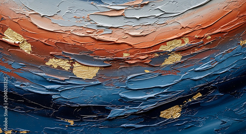 Modern Abstract Oil Painting with Thick Impasto Texture Featuring Blue and Orange Brushstrokes with Gold Leaf Flecks for Creative Background and Contemporary Art Design