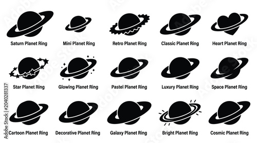 Bild auf Leinwand Collection of stylized planet icons with rings, representing various celestial bodies and cosmic themes