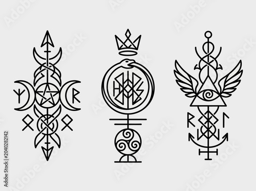 Foto Set of Esoteric Occult Sigils with Pentagram, Ouroboros, and All-Seeing Eye