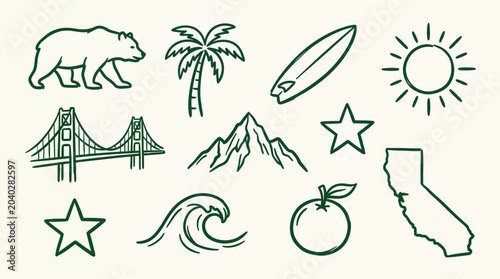 Konstfotografi Collection of hand-drawn line art icons representing California's famous landmarks, nature, and symbols, including a bear, bridge, mountains, and the state outline