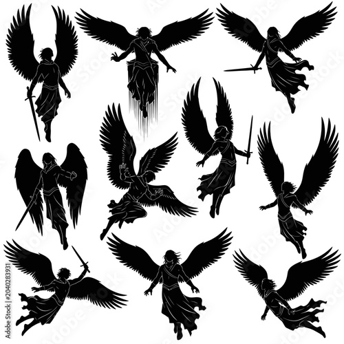Tablou pe pânză Angelic Silhouettes Collection: Winged Warriors and Figures in Motion