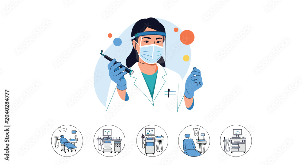 Fototapeta premium Female dentist wearing a face shield and mask holds a dental tool, surrounded by circular icons of clinical chairs and medical machinery.