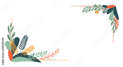 Beautiful floral corner frame features various leafy branches and autumn colored foliage for a natural border design.