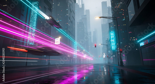 Futuristic Cyberpunk City Street at Night with HighSpeed Flying Cars Vibrant Neon Pink and Cyan Light Trails Wet Asphalt Reflections in a SciFi Urban Megacity