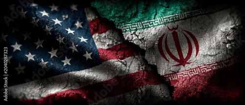 Patriotic fracture: national flags illustrate global conflicts. Visual poster. American and iranian flags against a dramatic backdrop with torn elements. Hero poster. Action poster.