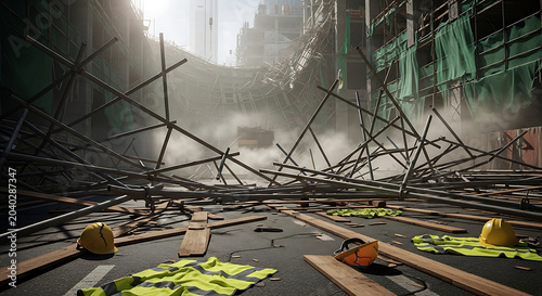 Dramatic Scaffolding Accident Scene with Collapsed Metal Structure Broken Safety Gear and Dust on a Construction Site Representing Industrial Disaster and Risk