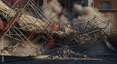 Dramatic scene of a scaffolding accident and roof collapse at an industrial renovation site featuring twisted metal debris and dust from a structural failure