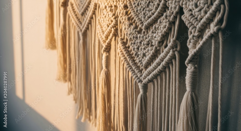 Obraz premium Intricate woven macrame wall hanging with neutral threads and tassels creating a boho-inspired decor piece