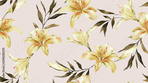 Floral seamless pattern featuring watercolor-style yellow Pollyanna lily flowers and leaves on a soft brown background