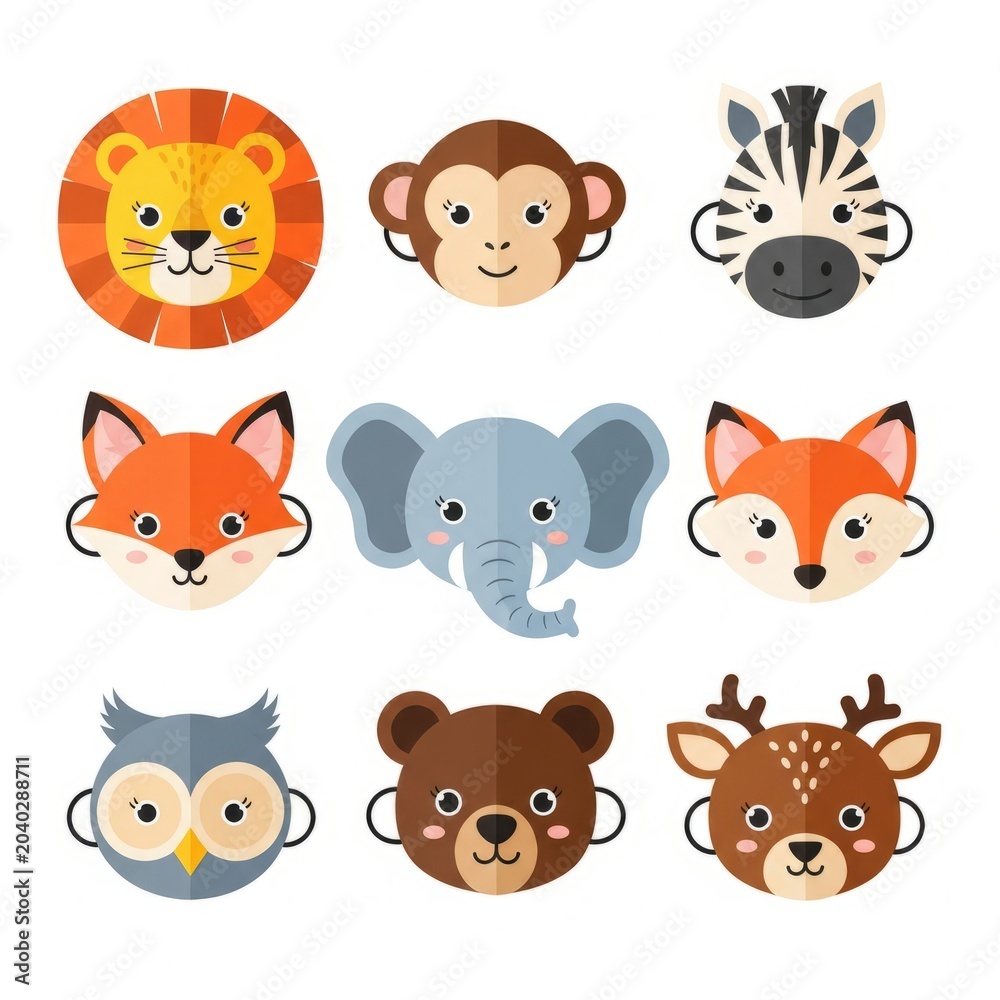 Fototapeta premium Cute Colorful Animal Masks Collection for Kids with Cartoon Face Costume Templates