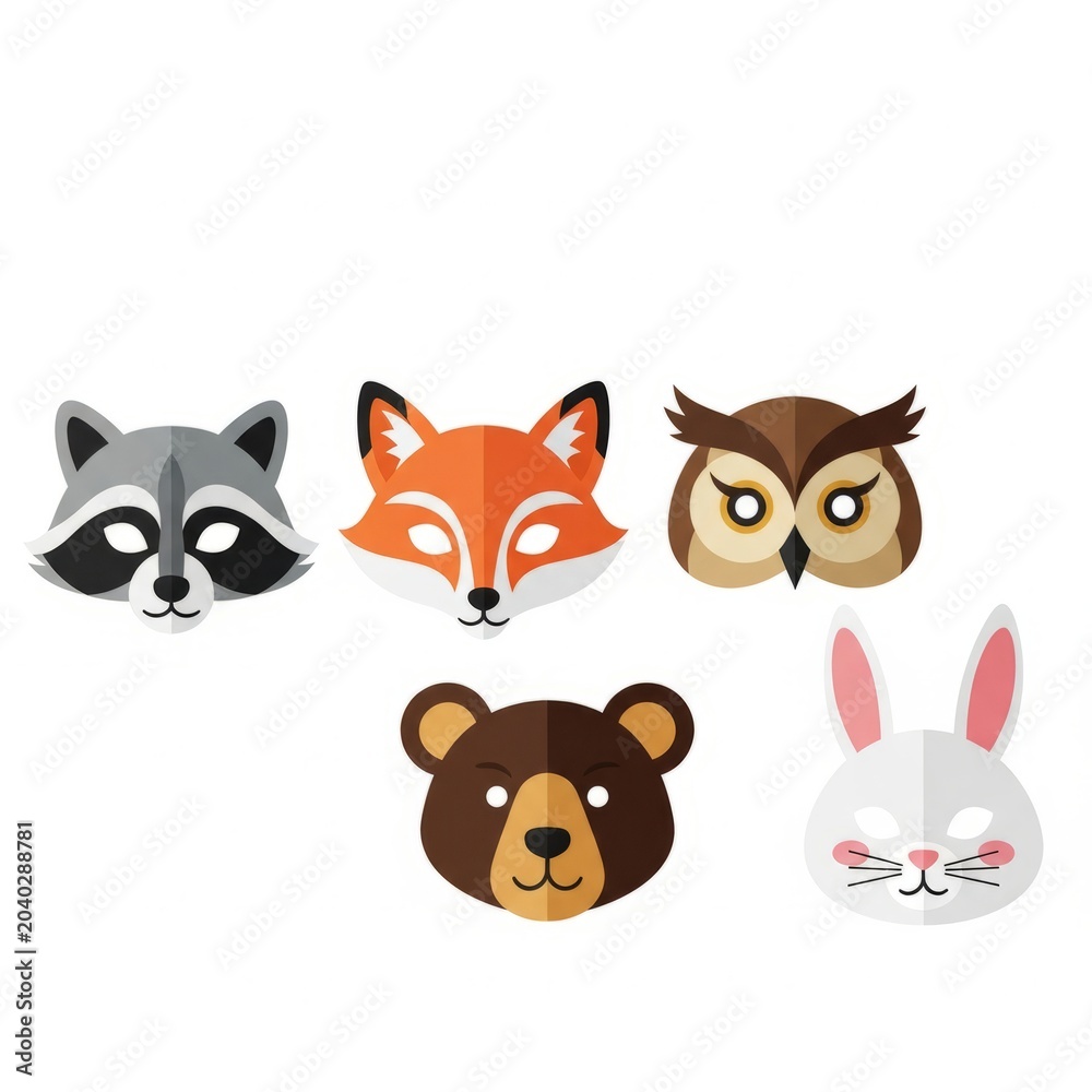 Fototapeta premium Cute Colorful Animal Masks Collection for Kids with Cartoon Face Costume Templates