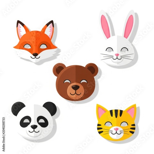 Cute Colorful Animal Masks Collection for Kids with Cartoon Face Costume Templates