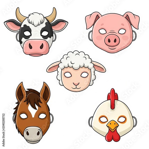 Cute Colorful Animal Masks Collection for Kids with Cartoon Face Costume Templates