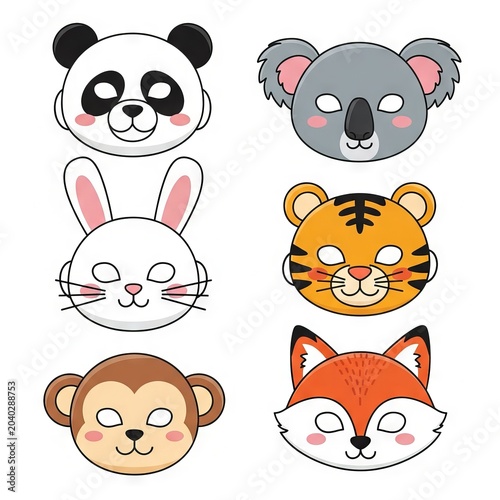 Cute Colorful Animal Masks Collection for Kids with Cartoon Face Costume Templates