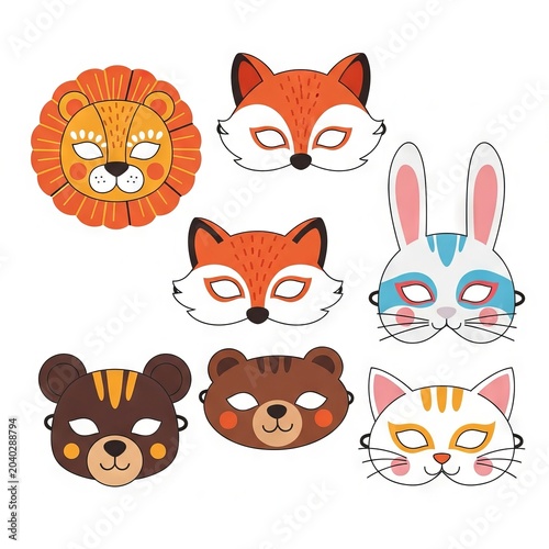 Cute Colorful Animal Masks Collection for Kids with Cartoon Face Costume Templates