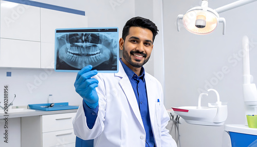 Smiling dentist holding dental x-ray in modern clinic, showing healthy teeth and gums, healthcare concept