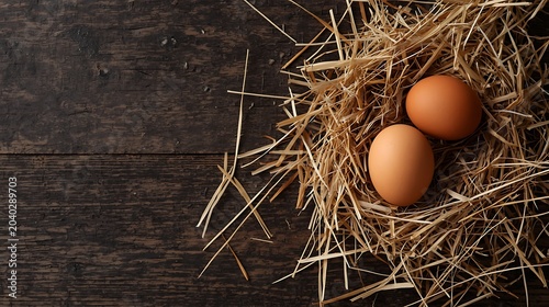 This image features fresh chicken eggs nestled in a bed of hay on a rustic wooden surface